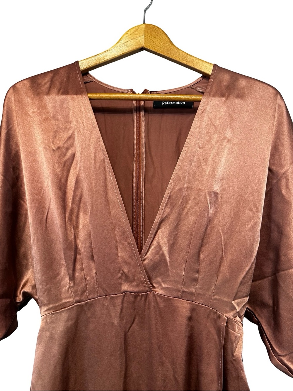 Reformation Silk Deep V Maxi Dress SZ 4 Rust Brown Satin Flutter Sleeve Slip - Picture 6 of 15